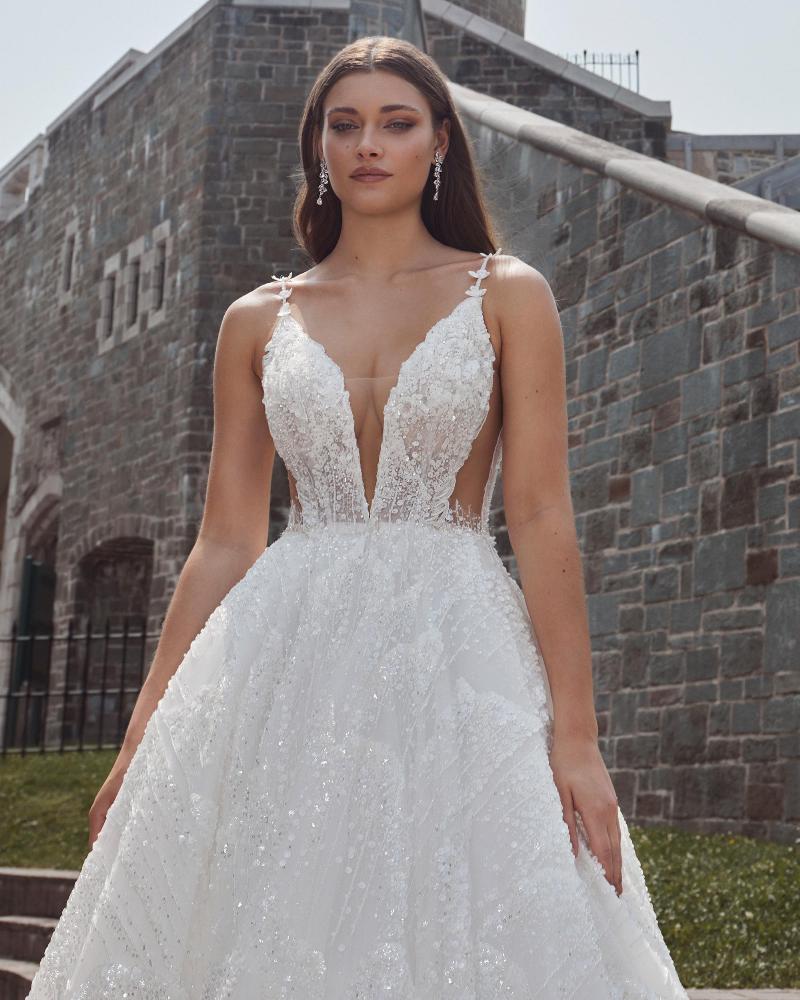 124115 sparkly princess ball gown wedding dress with pockets and spaghetti straps3